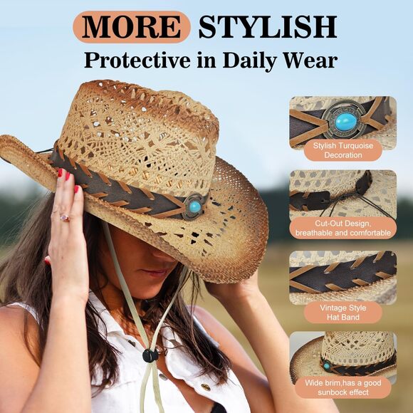 3246 Straw Cowboy Hat Western With Glasses And Bandana, Hat Size Fits 22.04 To main image 9